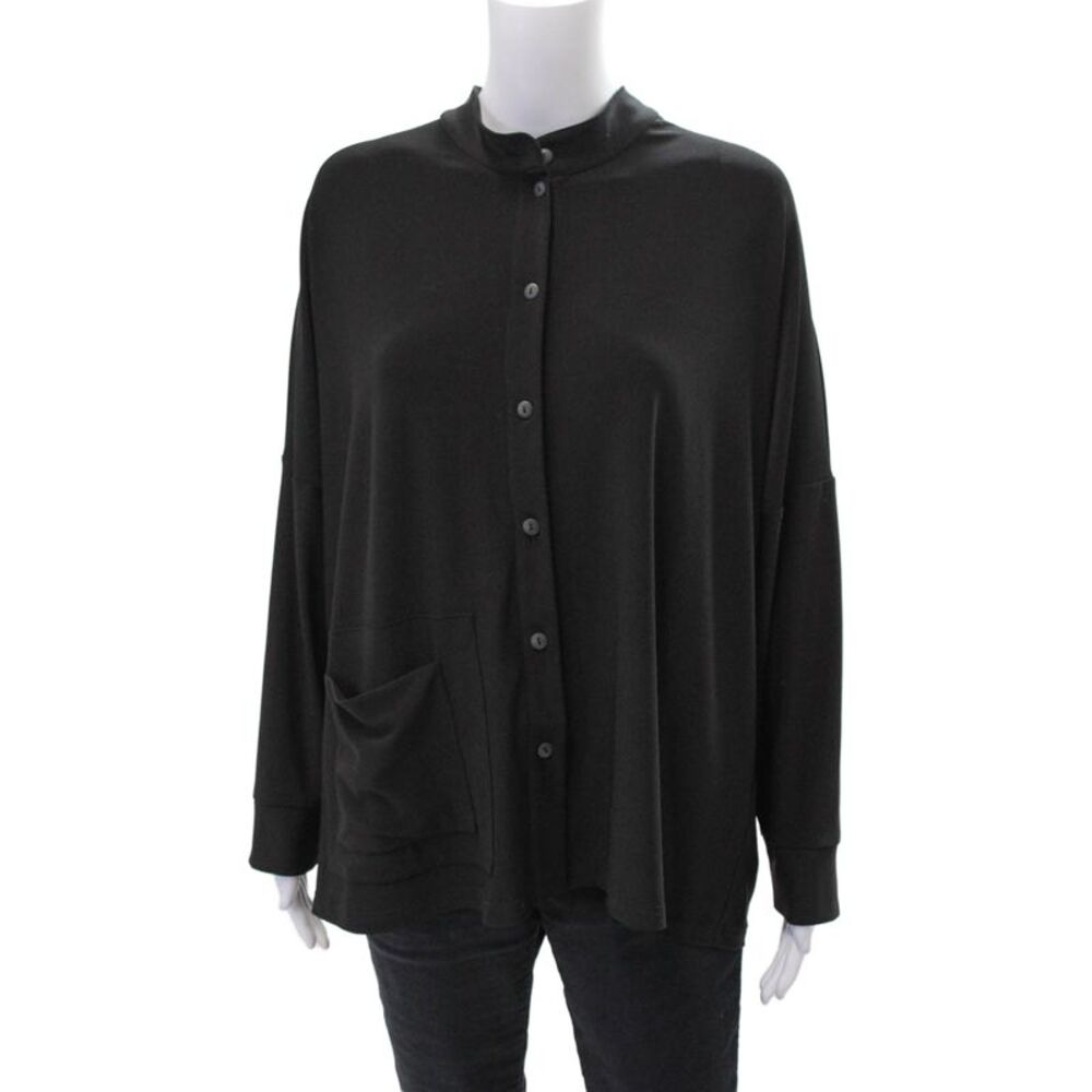Simpli Womens Buttoned Cropped Long Dolman Sleeved Blouse Black Size 10